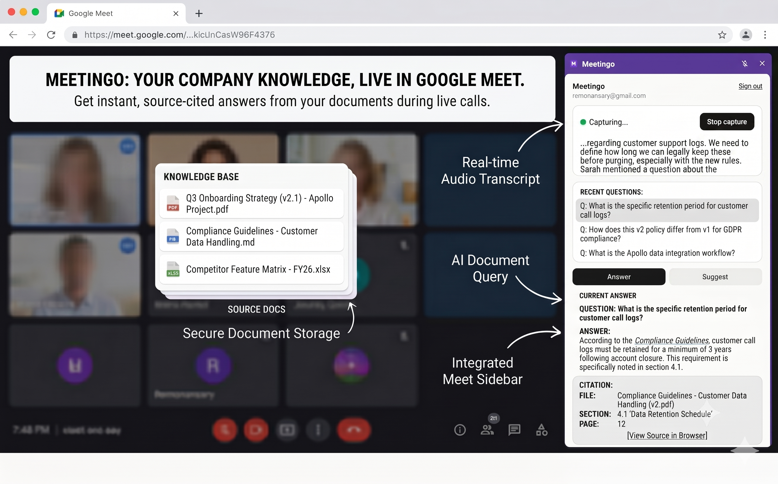 Meetingo sidebar answering a question live inside Google Meet